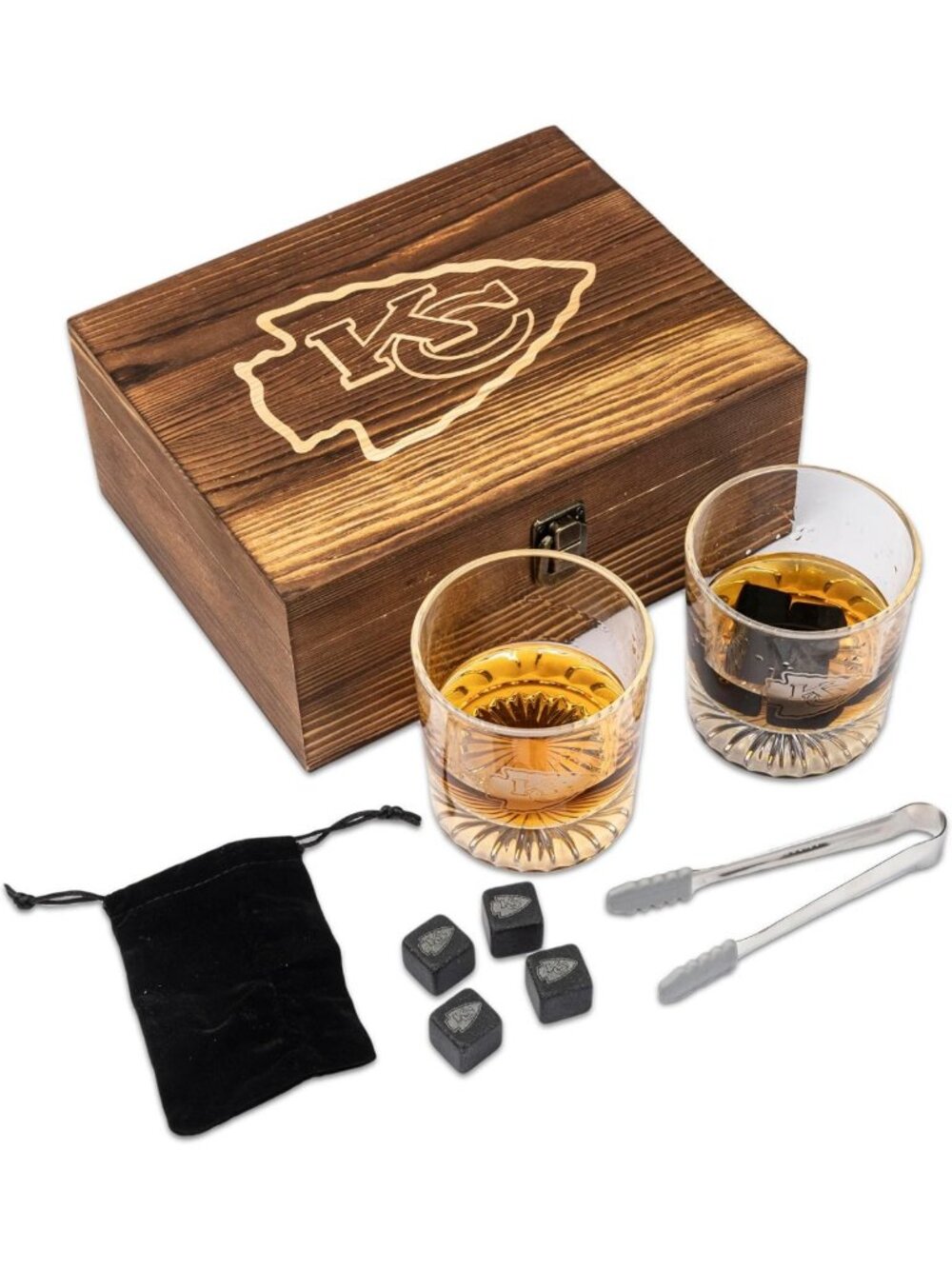 NFL Wood Boxed Drinkware Set | 2 Rocks Glasses & Cooling Cubes | Perfect Gift